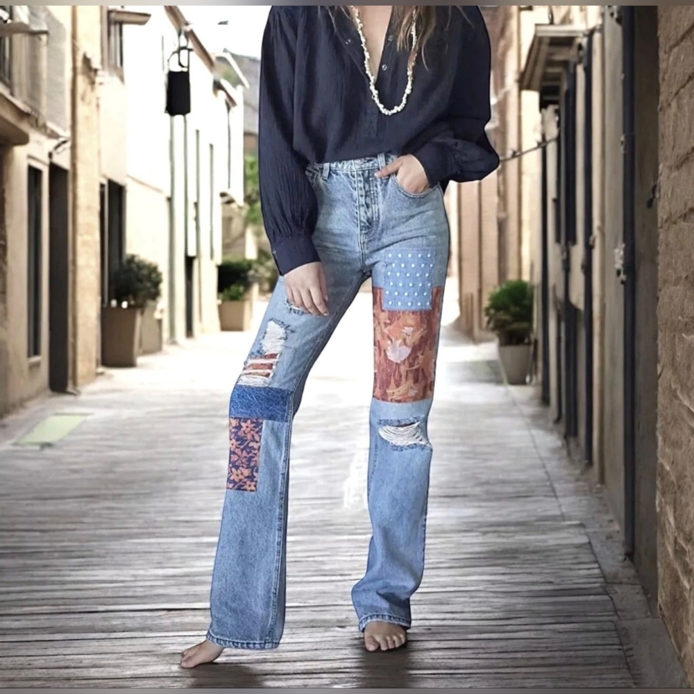 Free People Belladonna Patch Jeans Womens Sz 27 NWT Bohemian Style